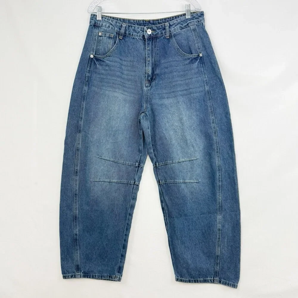 Women’s Blue Denim Barrel Leg Jeans Size 12 High Rise Wide Leg Trendy - Picture 16 of 16